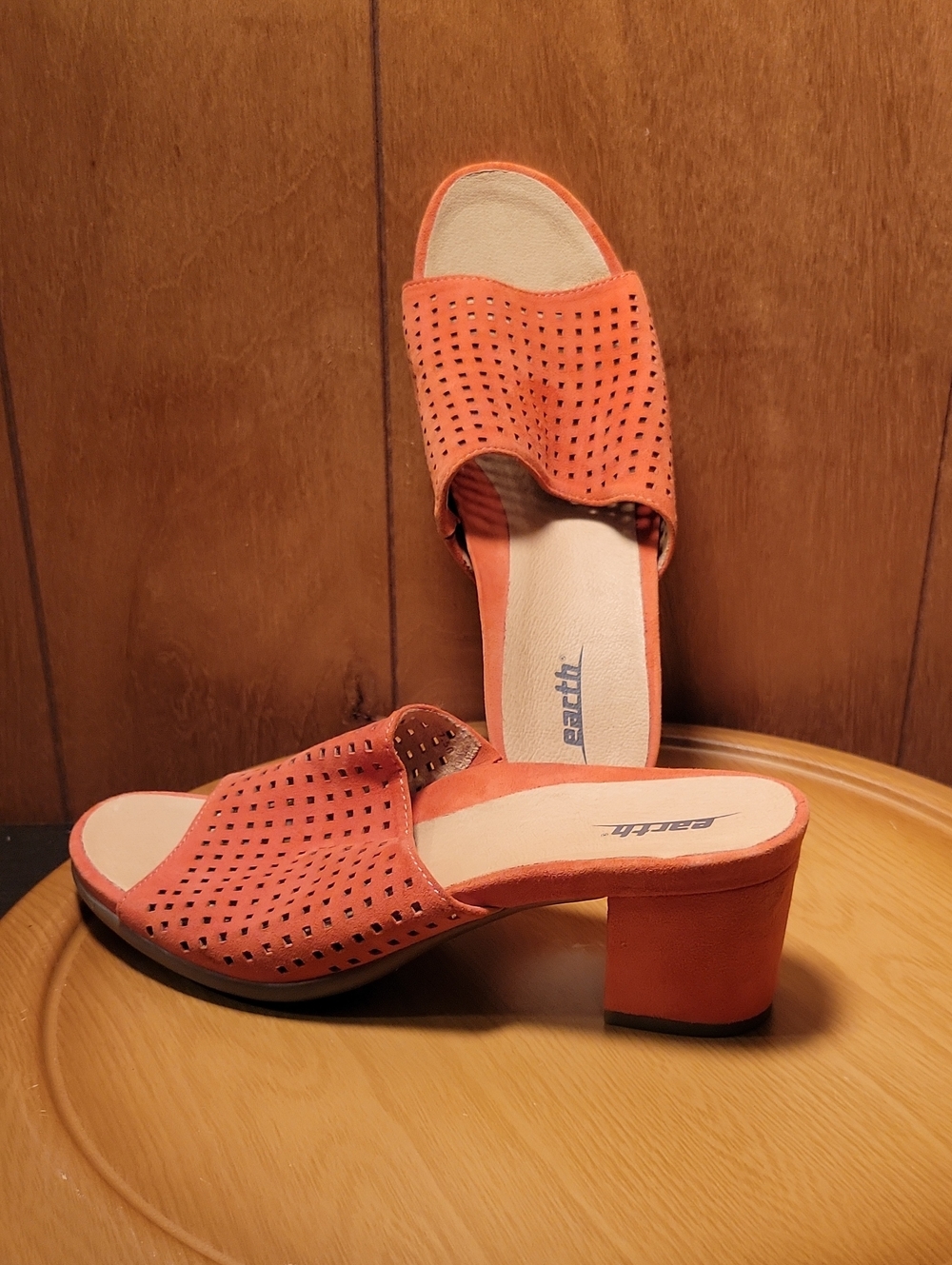 Earth Coral Orange Perforated Suede Block Heel Mules